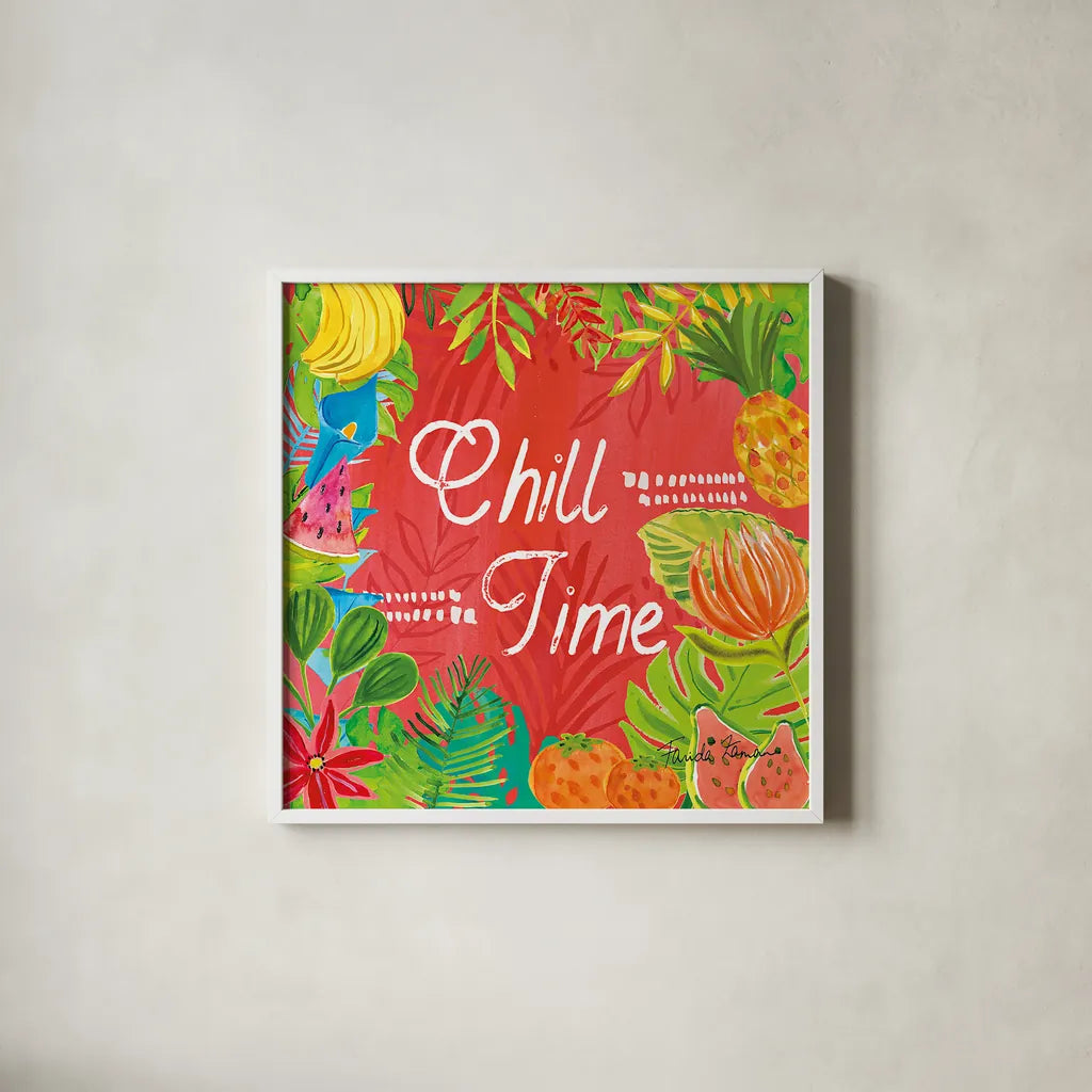 Tutti Frutti XII by Farida Zaman. Shown in a crisp white glass frame for a clean and minimalist style. Available as an archival giclee rolled canvas, fine art paper, or poster print. SKU 52037a.