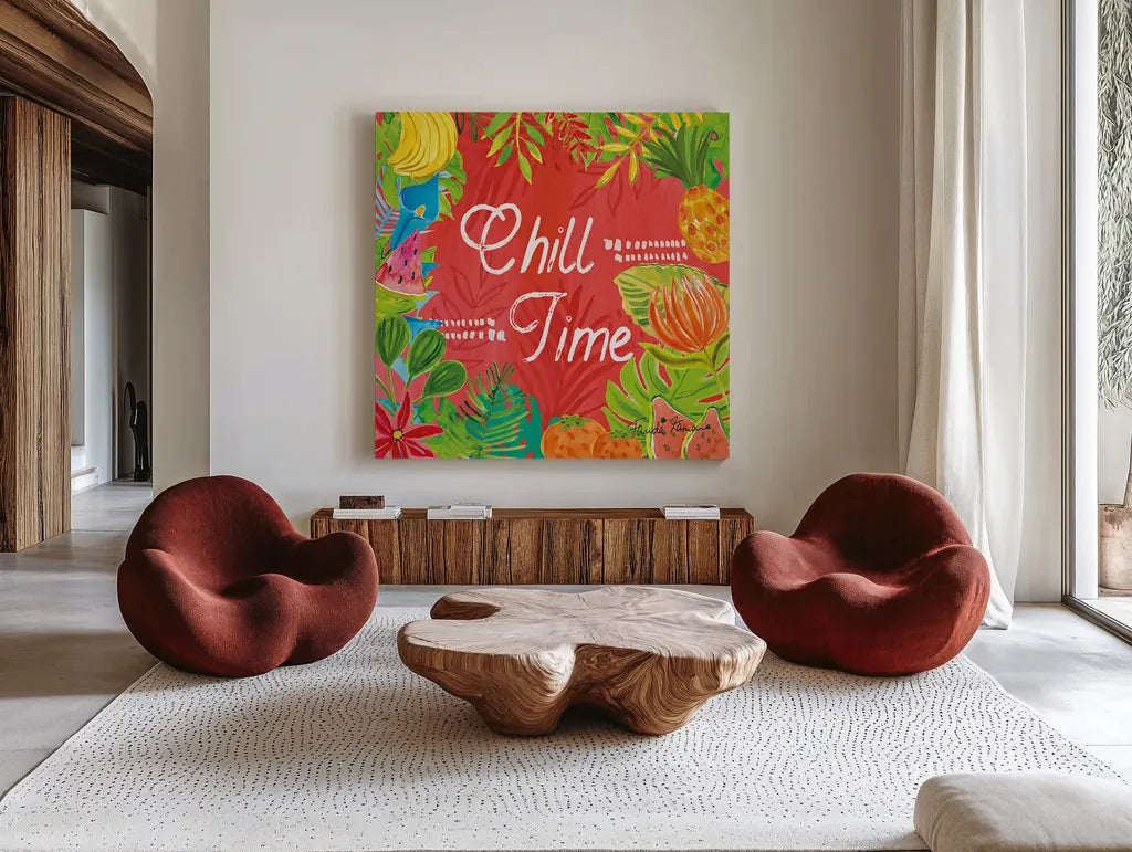 Tutti Frutti XII by Farida Zaman. Shown as extra-large giant wall art in a modern living room. Available as an archival giclee rolled canvas, fine art paper, or poster print. SKU 52037a.