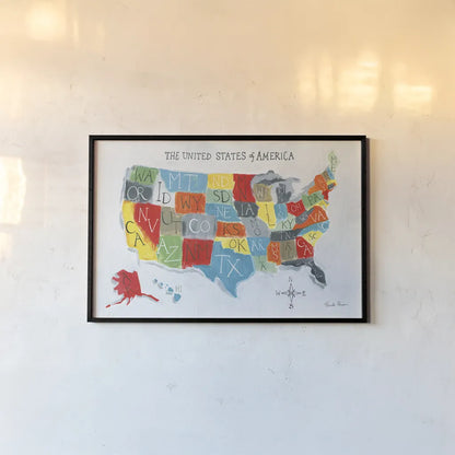 US Map by Farida Zaman. shown as a paper print in a black flame. Available as a archival giclee rolled canvas, fine art paper, or poster print. SKU 51983i.