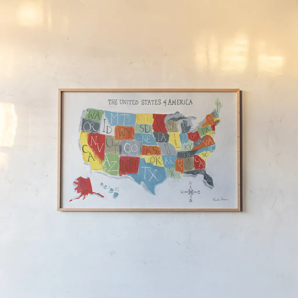 US Map by Farida Zaman. shown as a paper print in a natural frame. Available as a archival giclee rolled canvas, fine art paper, or poster print. SKU 51983i.