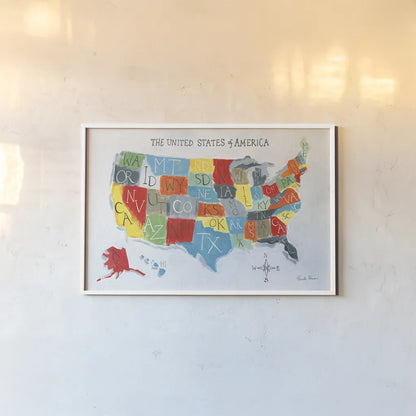 US Map by Farida Zaman. shown as a paper print in a white frame. Available as a archival giclee rolled canvas, fine art paper, or poster print. SKU 51983i.