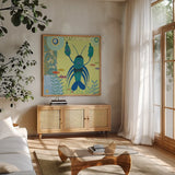Underwater World I by Farida Zaman. Shown in a natural wood frame in a cozy modern living room. Available as an archival giclee rolled canvas, fine art paper, or poster print. SKU 33254a.