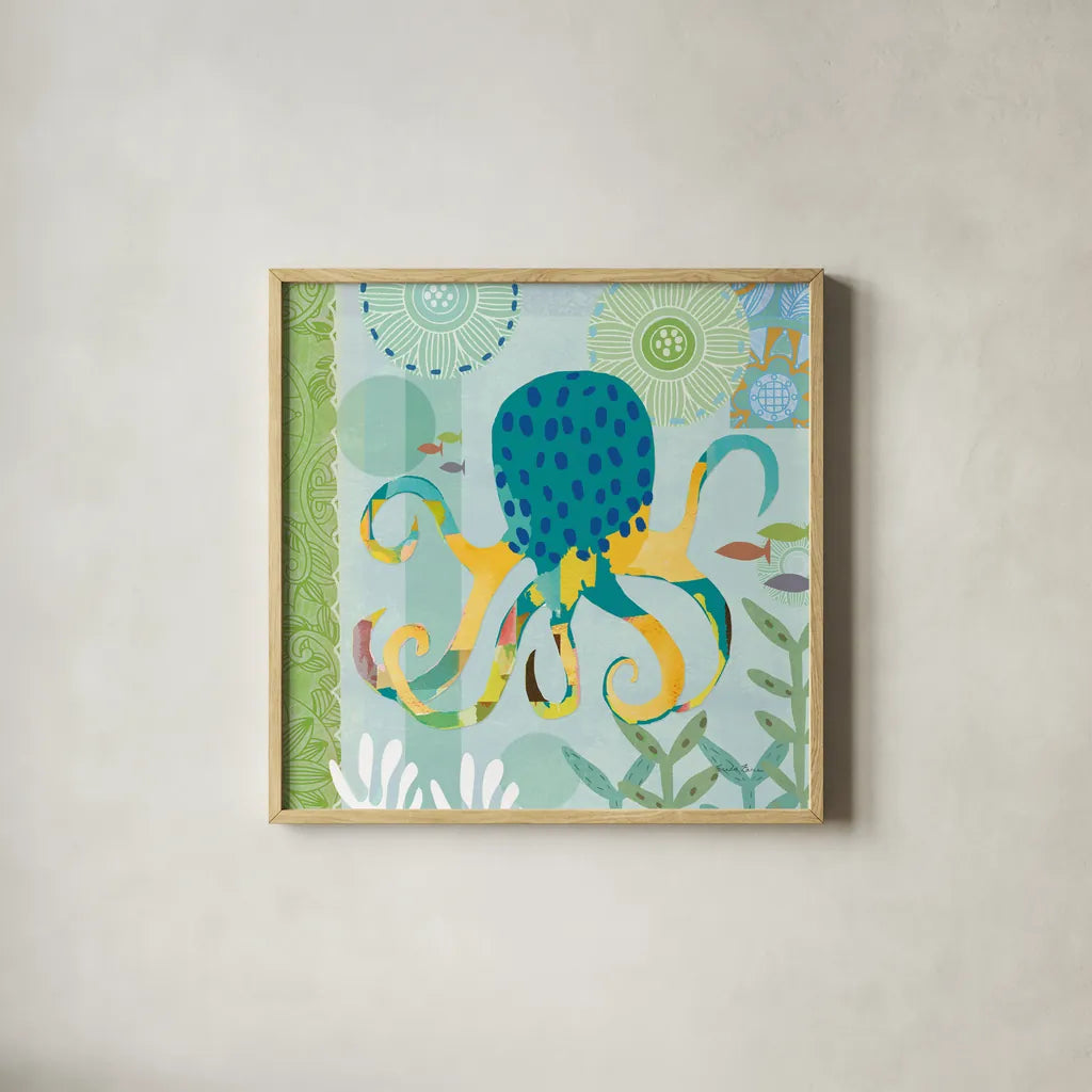 Underwater World II by Farida Zaman. Shown in a natural wood glass frame for a timeless modern aesthetic. Available as an archival giclee rolled canvas, fine art paper, or poster print. SKU 33255a.