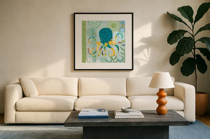 Underwater World II by Farida Zaman. Displayed in a glass frame with matte in a clean modern living room. Available as an archival giclee rolled canvas, fine art paper, or poster print. SKU 33255a.