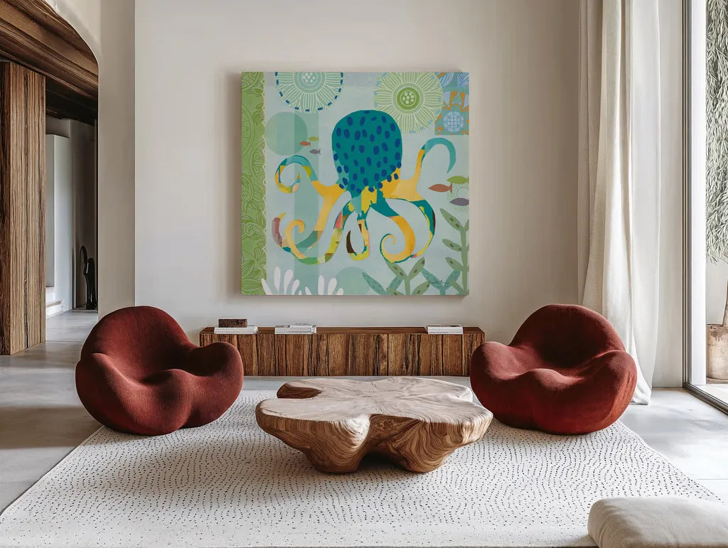 Underwater World II by Farida Zaman. Shown as extra-large giant wall art in a modern living room. Available as an archival giclee rolled canvas, fine art paper, or poster print. SKU 33255a.