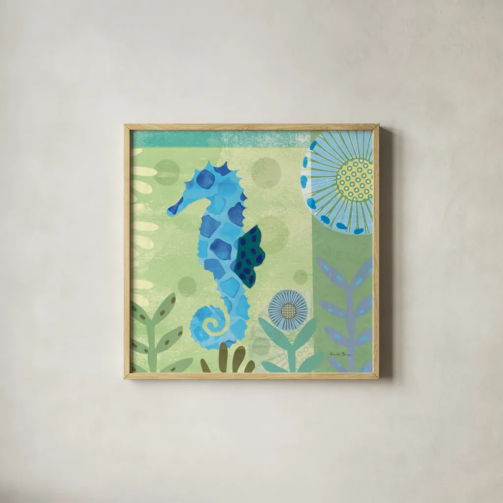 Underwater World III by Farida Zaman. Shown in a natural wood glass frame for a timeless modern aesthetic. Available as an archival giclee rolled canvas, fine art paper, or poster print. SKU 33256a.