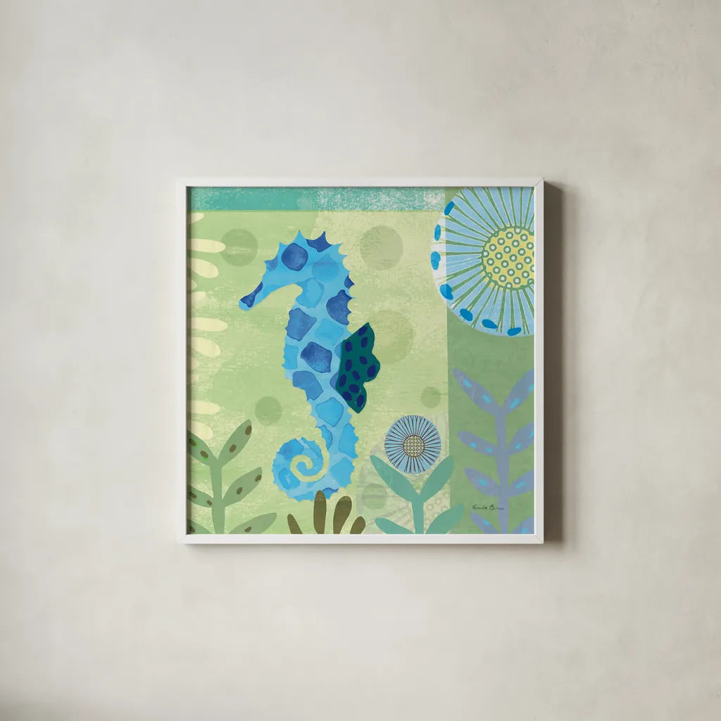 Underwater World III by Farida Zaman. Shown in a crisp white glass frame for a clean and minimalist style. Available as an archival giclee rolled canvas, fine art paper, or poster print. SKU 33256a.