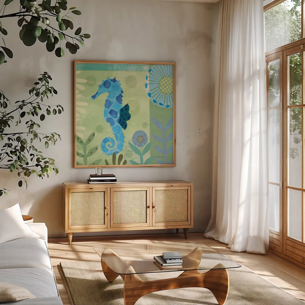 Underwater World III by Farida Zaman. Shown in a natural wood frame in a cozy modern living room. Available as an archival giclee rolled canvas, fine art paper, or poster print. SKU 33256a.