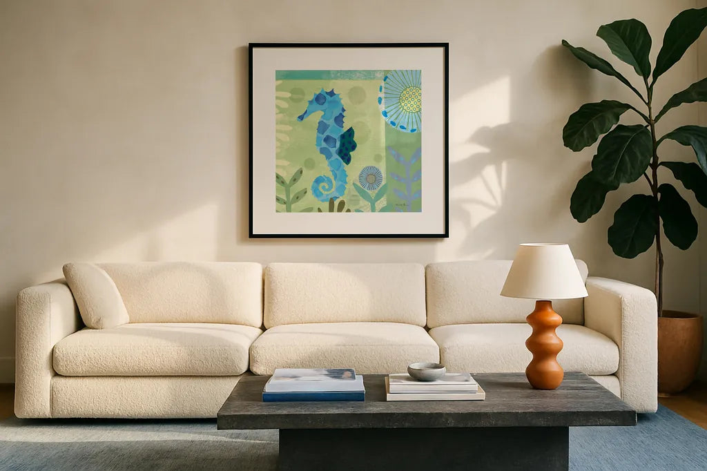 Underwater World III by Farida Zaman. Displayed in a glass frame with matte in a clean modern living room. Available as an archival giclee rolled canvas, fine art paper, or poster print. SKU 33256a.