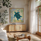 Underwater World IV by Farida Zaman. Shown in a natural wood frame in a cozy modern living room. Available as an archival giclee rolled canvas, fine art paper, or poster print. SKU 33257a.
