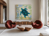 Underwater World IV by Farida Zaman. Shown as extra-large giant wall art in a modern living room. Available as an archival giclee rolled canvas, fine art paper, or poster print. SKU 33257a.