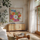 VVintage Floral IV v2 by Farida Zaman. Shown in a natural wood frame in a cozy modern living room. Available as an archival giclee rolled canvas, fine art paper, or poster print. SKU 42911a.