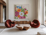 VVintage Floral IV v2 by Farida Zaman. Shown as extra-large giant wall art in a modern living room. Available as an archival giclee rolled canvas, fine art paper, or poster print. SKU 42911a.