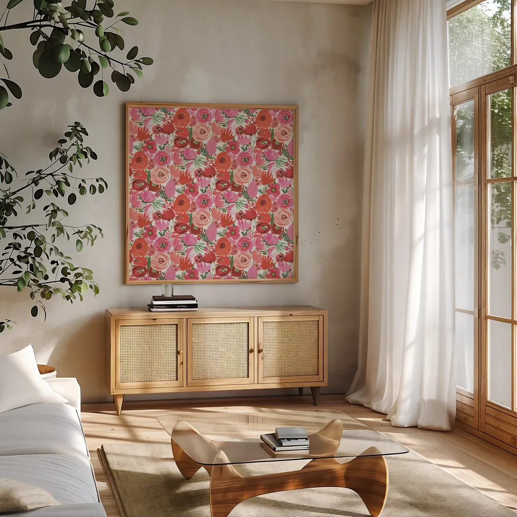 Valentine Chic Pattern IV by Farida Zaman. Shown in a natural wood frame in a cozy modern living room. Available as an archival giclee rolled canvas, fine art paper, or poster print. SKU 39750a.