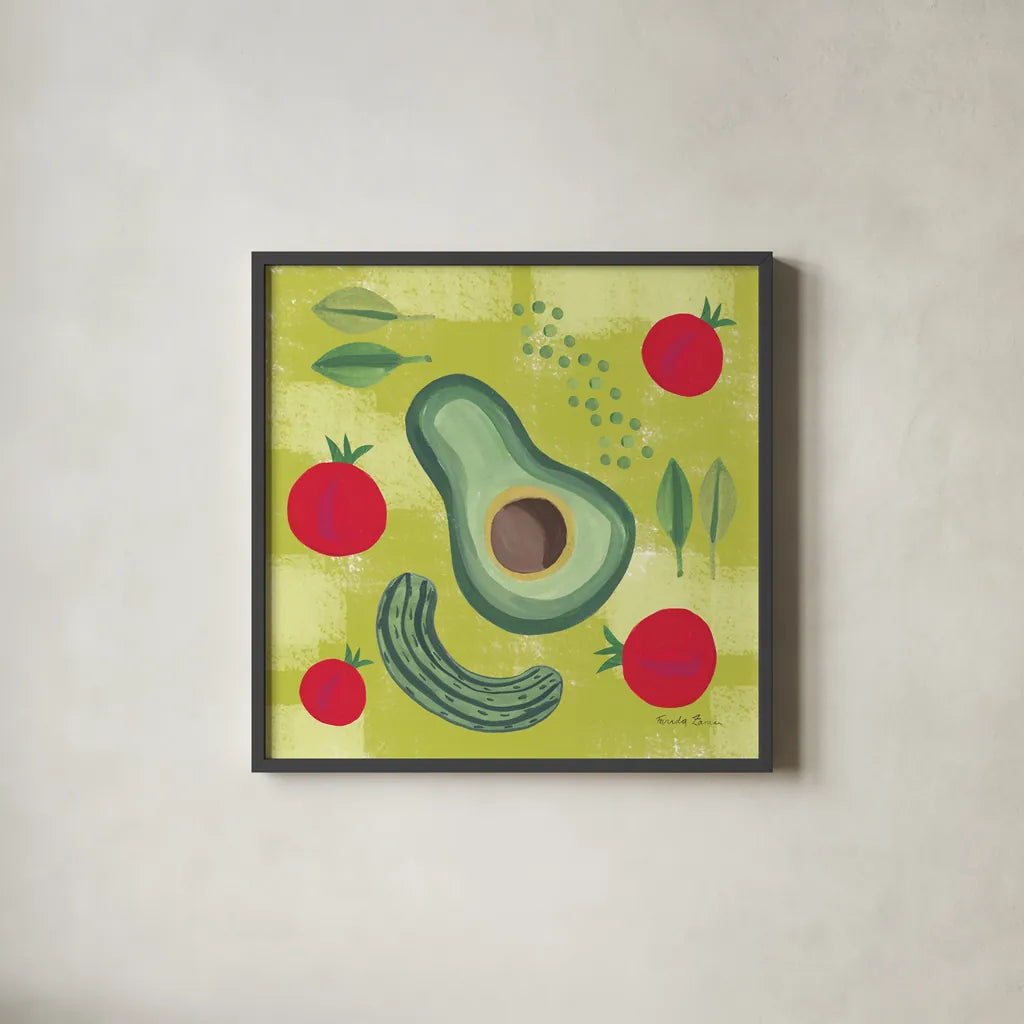Veggie Time II by Farida Zaman. Shown in a sleek black glass frame for a contemporary gallery look. Available as an archival giclee rolled canvas, fine art paper, or poster print. SKU 33262a.