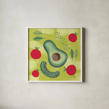 Veggie Time II by Farida Zaman. Shown in a crisp white glass frame for a clean and minimalist style. Available as an archival giclee rolled canvas, fine art paper, or poster print. SKU 33262a.