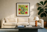 Veggie Time II by Farida Zaman. Displayed in a glass frame with matte in a clean modern living room. Available as an archival giclee rolled canvas, fine art paper, or poster print. SKU 33262a.
