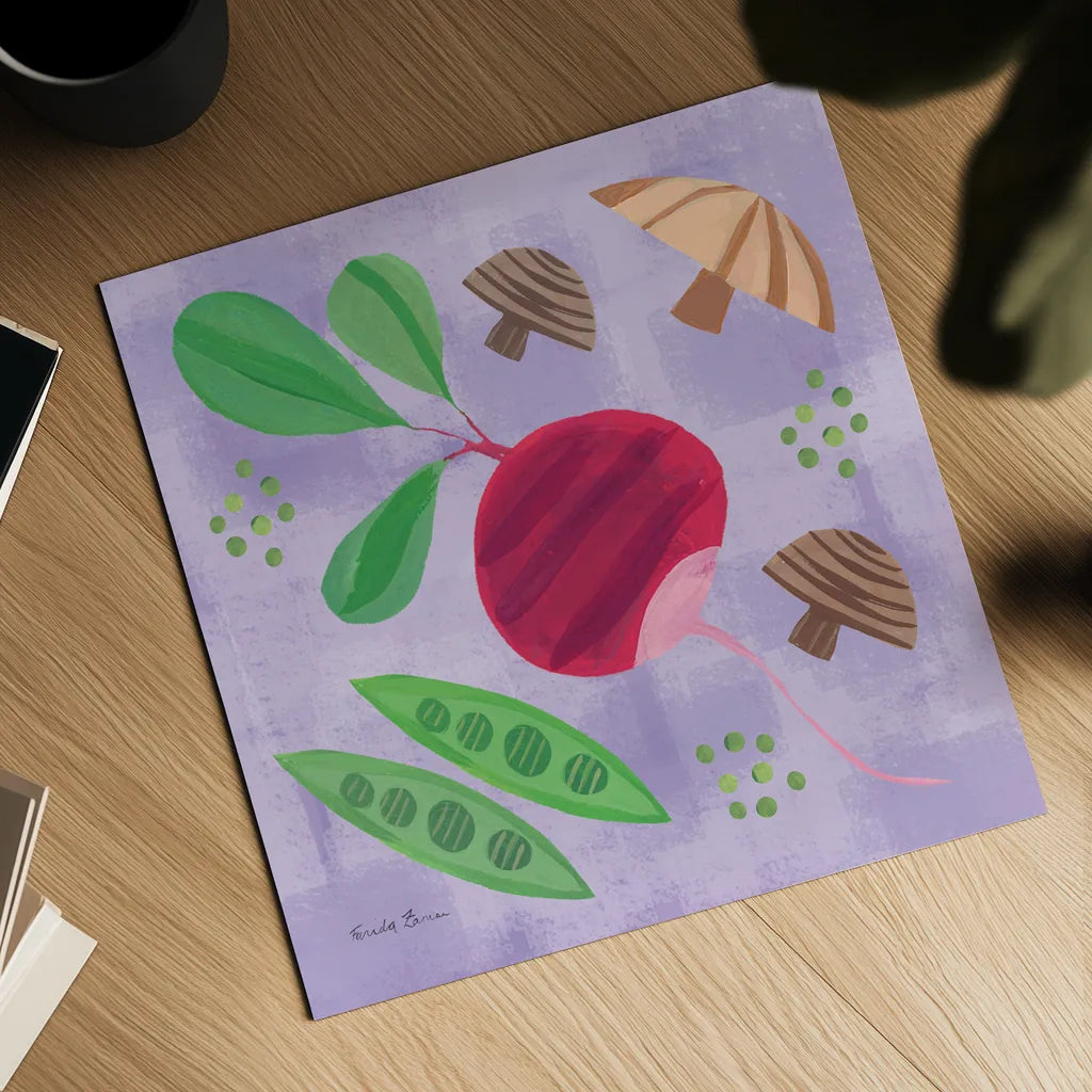 Veggie Time III by Farida Zaman. Shown as a detailed flat fine art print, highlighting archival giclee quality. Available as an archival giclee rolled canvas, fine art paper, or poster print. SKU 33263a.