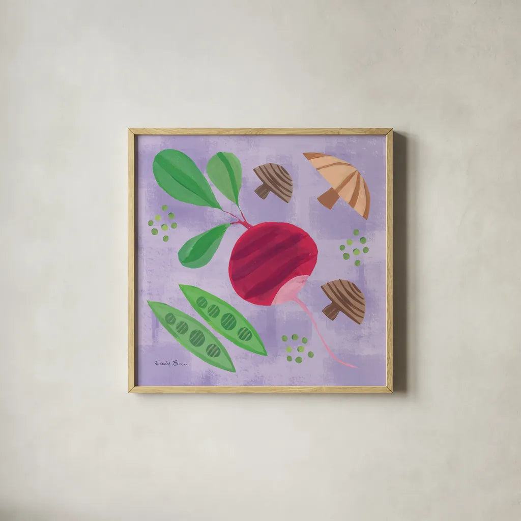 Veggie Time III by Farida Zaman. Shown in a natural wood glass frame for a timeless modern aesthetic. Available as an archival giclee rolled canvas, fine art paper, or poster print. SKU 33263a.
