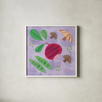 Veggie Time III by Farida Zaman. Shown in a crisp white glass frame for a clean and minimalist style. Available as an archival giclee rolled canvas, fine art paper, or poster print. SKU 33263a.