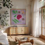 Veggie Time III by Farida Zaman. Shown in a natural wood frame in a cozy modern living room. Available as an archival giclee rolled canvas, fine art paper, or poster print. SKU 33263a.