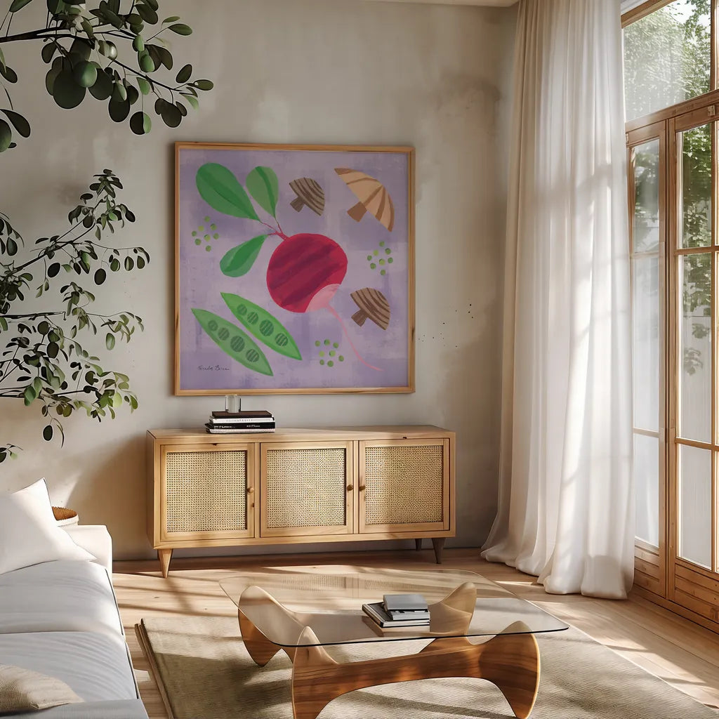 Veggie Time III by Farida Zaman. Shown in a natural wood frame in a cozy modern living room. Available as an archival giclee rolled canvas, fine art paper, or poster print. SKU 33263a.