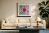 Veggie Time III by Farida Zaman. Displayed in a glass frame with matte in a clean modern living room. Available as an archival giclee rolled canvas, fine art paper, or poster print. SKU 33263a.