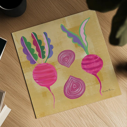 Veggie Time IV by Farida Zaman. Shown as a detailed flat fine art print, highlighting archival giclee quality. Available as an archival giclee rolled canvas, fine art paper, or poster print. SKU 33264a.