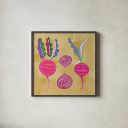 Veggie Time IV by Farida Zaman. Shown in a sleek black glass frame for a contemporary gallery look. Available as an archival giclee rolled canvas, fine art paper, or poster print. SKU 33264a.