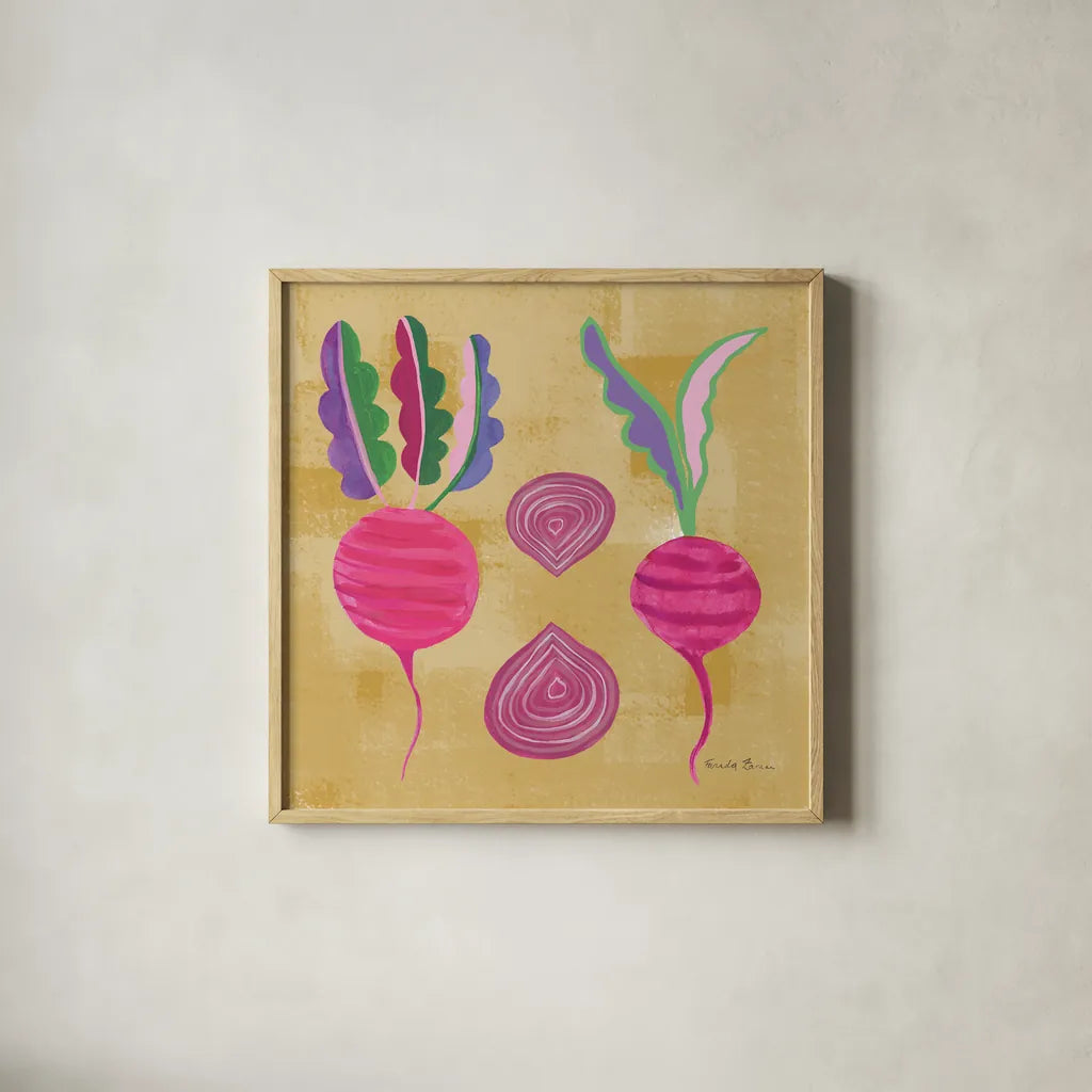 Veggie Time IV by Farida Zaman. Shown in a natural wood glass frame for a timeless modern aesthetic. Available as an archival giclee rolled canvas, fine art paper, or poster print. SKU 33264a.