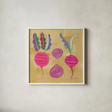 Veggie Time IV by Farida Zaman. Shown in a crisp white glass frame for a clean and minimalist style. Available as an archival giclee rolled canvas, fine art paper, or poster print. SKU 33264a.