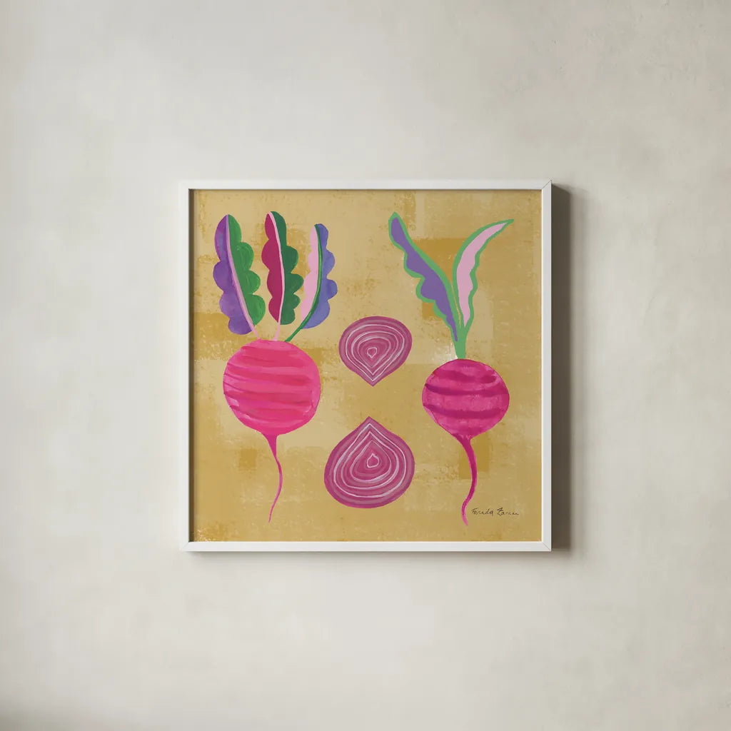 Veggie Time IV by Farida Zaman. Shown in a crisp white glass frame for a clean and minimalist style. Available as an archival giclee rolled canvas, fine art paper, or poster print. SKU 33264a.