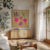 Veggie Time IV by Farida Zaman. Shown in a natural wood frame in a cozy modern living room. Available as an archival giclee rolled canvas, fine art paper, or poster print. SKU 33264a.