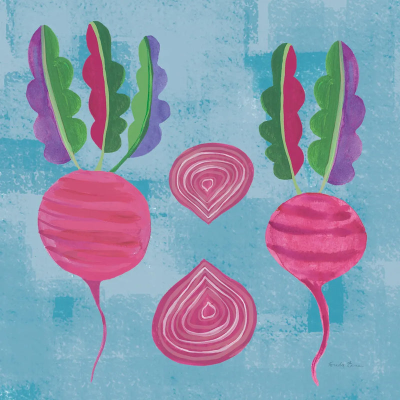 Veggie Time IV Blue by Farida Zaman. SKU 33850a. Archival Giclee Fine art print for wall decor.