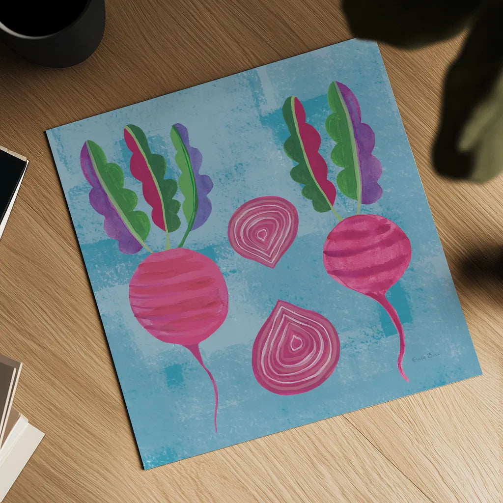 Veggie Time IV Blue by Farida Zaman. Shown as a detailed flat fine art print, highlighting archival giclee quality. Available as an archival giclee rolled canvas, fine art paper, or poster print. SKU 33850a.