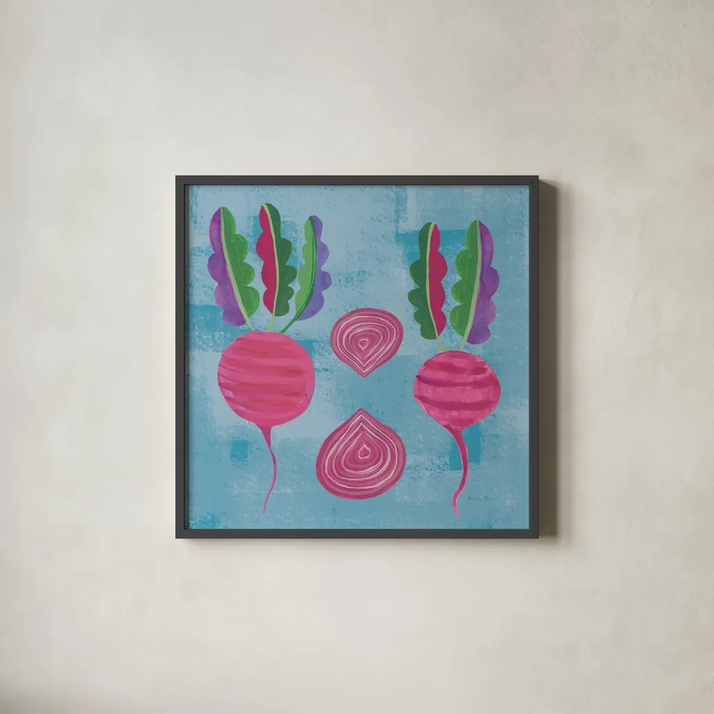 Veggie Time IV Blue by Farida Zaman. Shown in a sleek black glass frame for a contemporary gallery look. Available as an archival giclee rolled canvas, fine art paper, or poster print. SKU 33850a.
