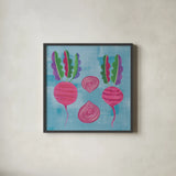 Veggie Time IV Blue by Farida Zaman. Shown in a sleek black glass frame for a contemporary gallery look. Available as an archival giclee rolled canvas, fine art paper, or poster print. SKU 33850a.