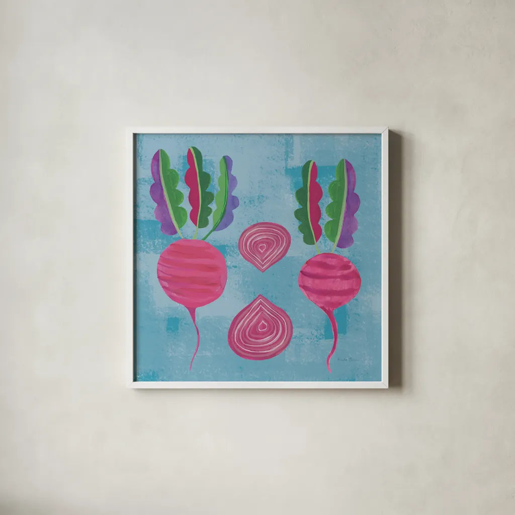 Veggie Time IV Blue by Farida Zaman. Shown in a crisp white glass frame for a clean and minimalist style. Available as an archival giclee rolled canvas, fine art paper, or poster print. SKU 33850a.