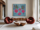 Veggie Time IV Blue by Farida Zaman. Shown as extra-large giant wall art in a modern living room. Available as an archival giclee rolled canvas, fine art paper, or poster print. SKU 33850a.