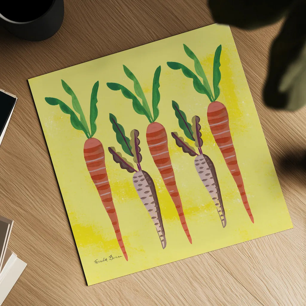Veggie Time V by Farida Zaman. Shown as a detailed flat fine art print, highlighting archival giclee quality. Available as an archival giclee rolled canvas, fine art paper, or poster print. SKU 33265a.