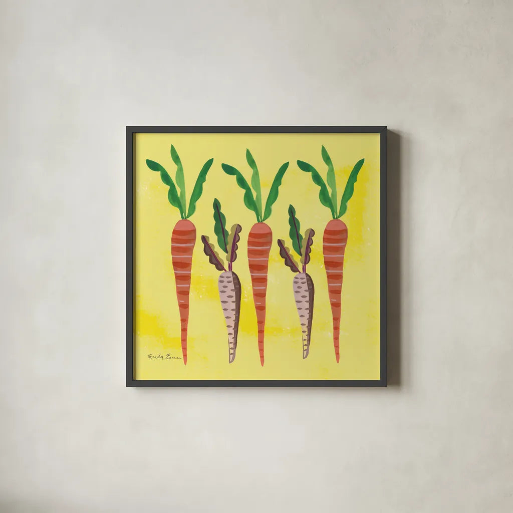 Veggie Time V by Farida Zaman. Shown in a sleek black glass frame for a contemporary gallery look. Available as an archival giclee rolled canvas, fine art paper, or poster print. SKU 33265a.