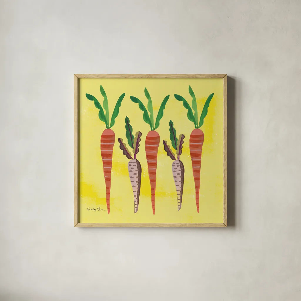 Veggie Time V by Farida Zaman. Shown in a natural wood glass frame for a timeless modern aesthetic. Available as an archival giclee rolled canvas, fine art paper, or poster print. SKU 33265a.
