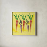 Veggie Time V by Farida Zaman. Shown in a crisp white glass frame for a clean and minimalist style. Available as an archival giclee rolled canvas, fine art paper, or poster print. SKU 33265a.