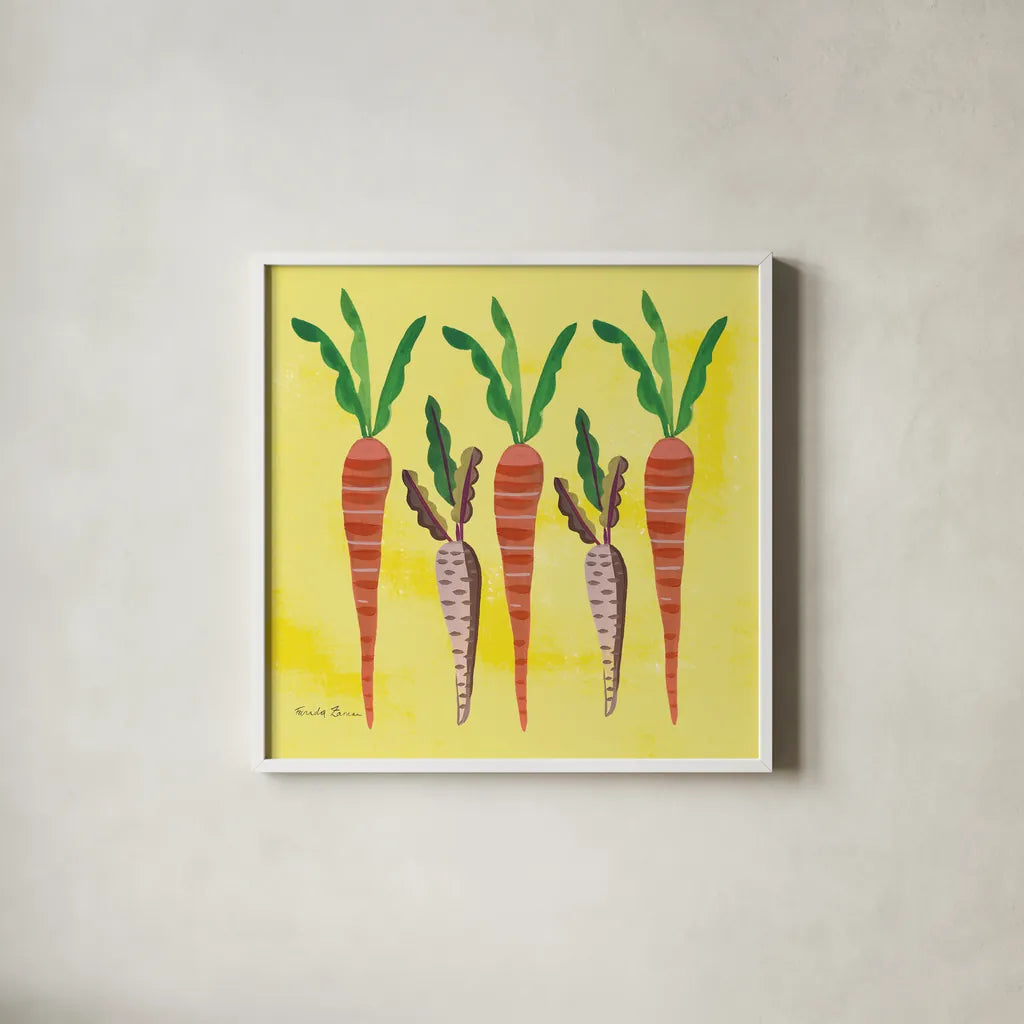 Veggie Time V by Farida Zaman. Shown in a crisp white glass frame for a clean and minimalist style. Available as an archival giclee rolled canvas, fine art paper, or poster print. SKU 33265a.