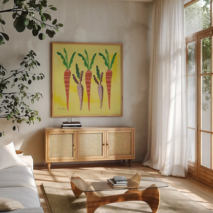Veggie Time V by Farida Zaman. Shown in a natural wood frame in a cozy modern living room. Available as an archival giclee rolled canvas, fine art paper, or poster print. SKU 33265a.