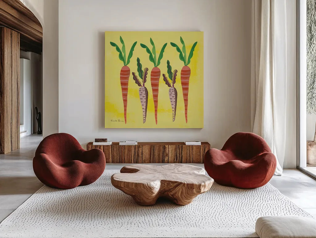 Veggie Time V by Farida Zaman. Shown as extra-large giant wall art in a modern living room. Available as an archival giclee rolled canvas, fine art paper, or poster print. SKU 33265a.