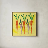 Veggie Time V v2 by Farida Zaman. Shown in a natural wood glass frame for a timeless modern aesthetic. Available as an archival giclee rolled canvas, fine art paper, or poster print. SKU 33893a.
