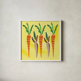 Veggie Time V v2 by Farida Zaman. Shown in a crisp white glass frame for a clean and minimalist style. Available as an archival giclee rolled canvas, fine art paper, or poster print. SKU 33893a.