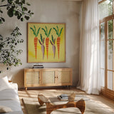Veggie Time V v2 by Farida Zaman. Shown in a natural wood frame in a cozy modern living room. Available as an archival giclee rolled canvas, fine art paper, or poster print. SKU 33893a.