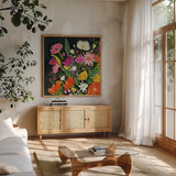 Vintage Floral I by Farida Zaman. Shown in a natural wood frame in a cozy modern living room. Available as an archival giclee rolled canvas, fine art paper, or poster print. SKU 42505a.